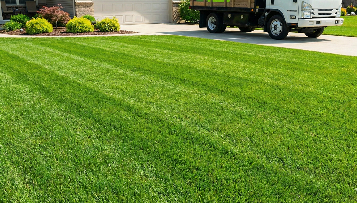 Freshly treated, green residential lawn with service truck in driveway